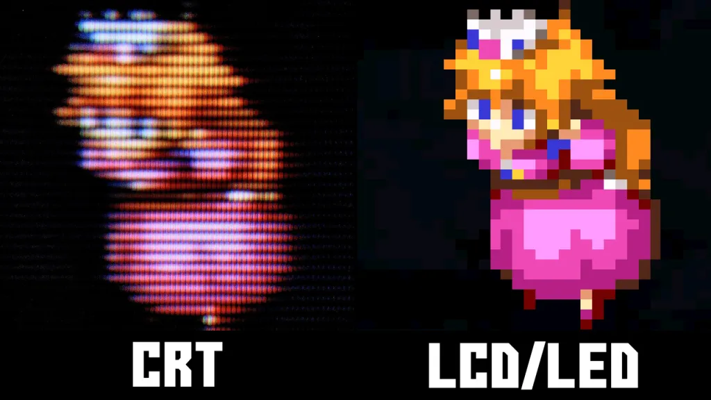 Retro game pixel art comparison CRT scanlines vs modern LCD display