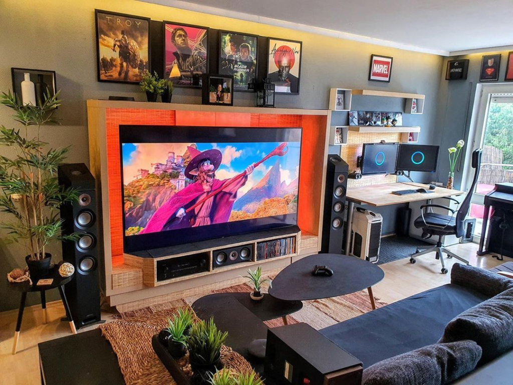 LG OLED TV retro gaming setup modern living room